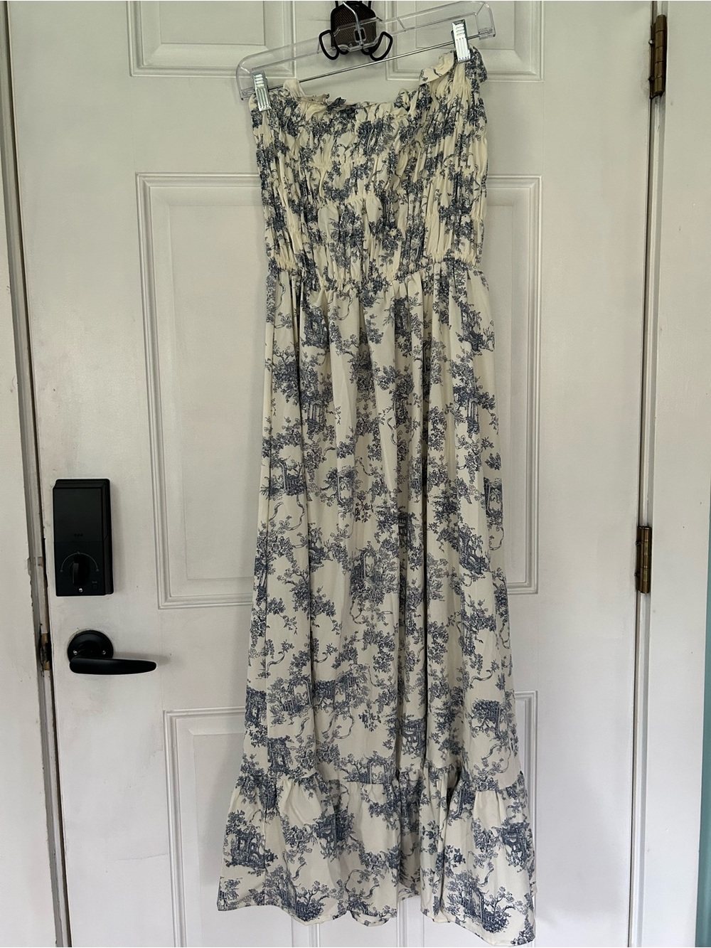 SHEIN Cream Strapless Floral Maxi Dress with Blue Print